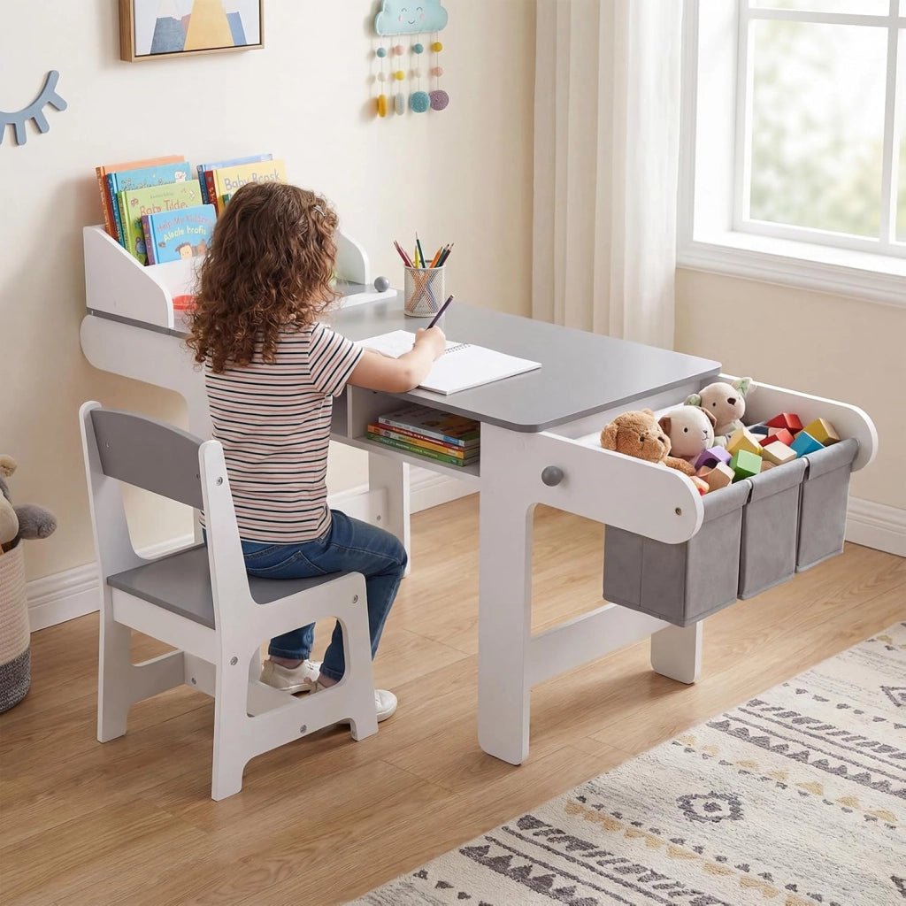 Set Tavolo e Sedia per Bambini 3+ Anni con Rotolo di Carta | Tavolo da Disegno Creativo con Vaschette per Colori e Contenitori in Tessuto, Mobile Montessori per Cameretta e Scuola