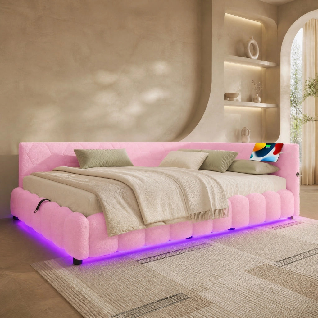 Letto da giorno 140x200 cm rosa con LED, USB e vano contenitore