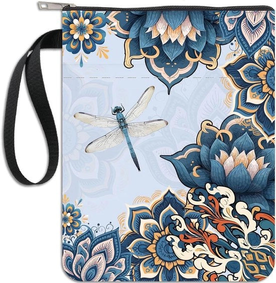 Borsa per libri impermeabile con design boho fiore e libellula, copertina in cartone rigido per libri tascabili con fodero con cinturino e chiusura a righello, ideale regalo per donne e appassionate di lettura con tasca utile.