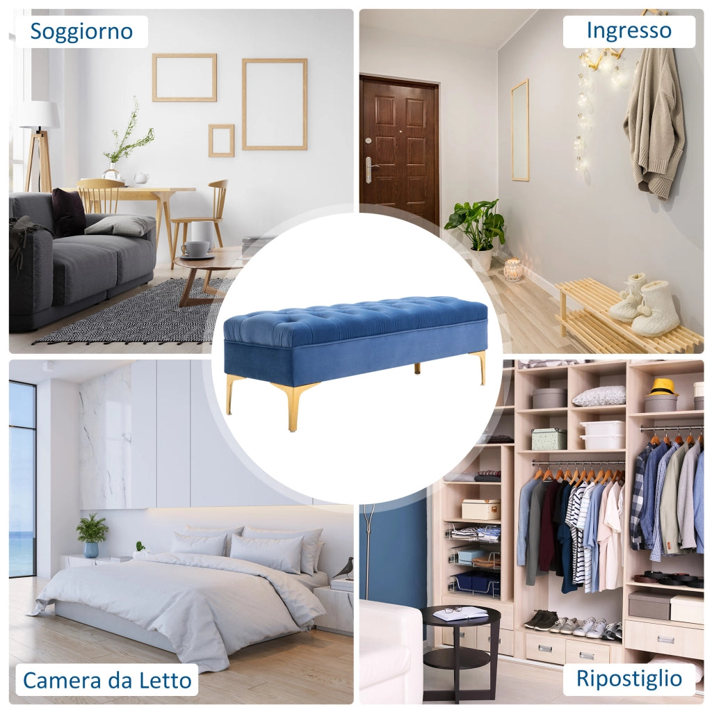 EasyComfort Panca Imbottita Fondoletto in Tessuto Vellutato e Base in Metallo Dorato, 118x45x42 cm, Blu