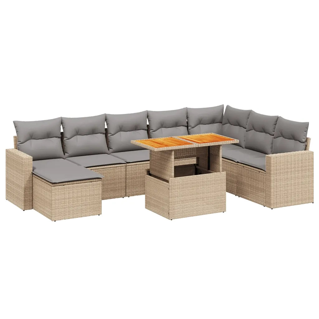 Set Divano da Giardino 9 pz con Cuscini Beige in Polyrattan