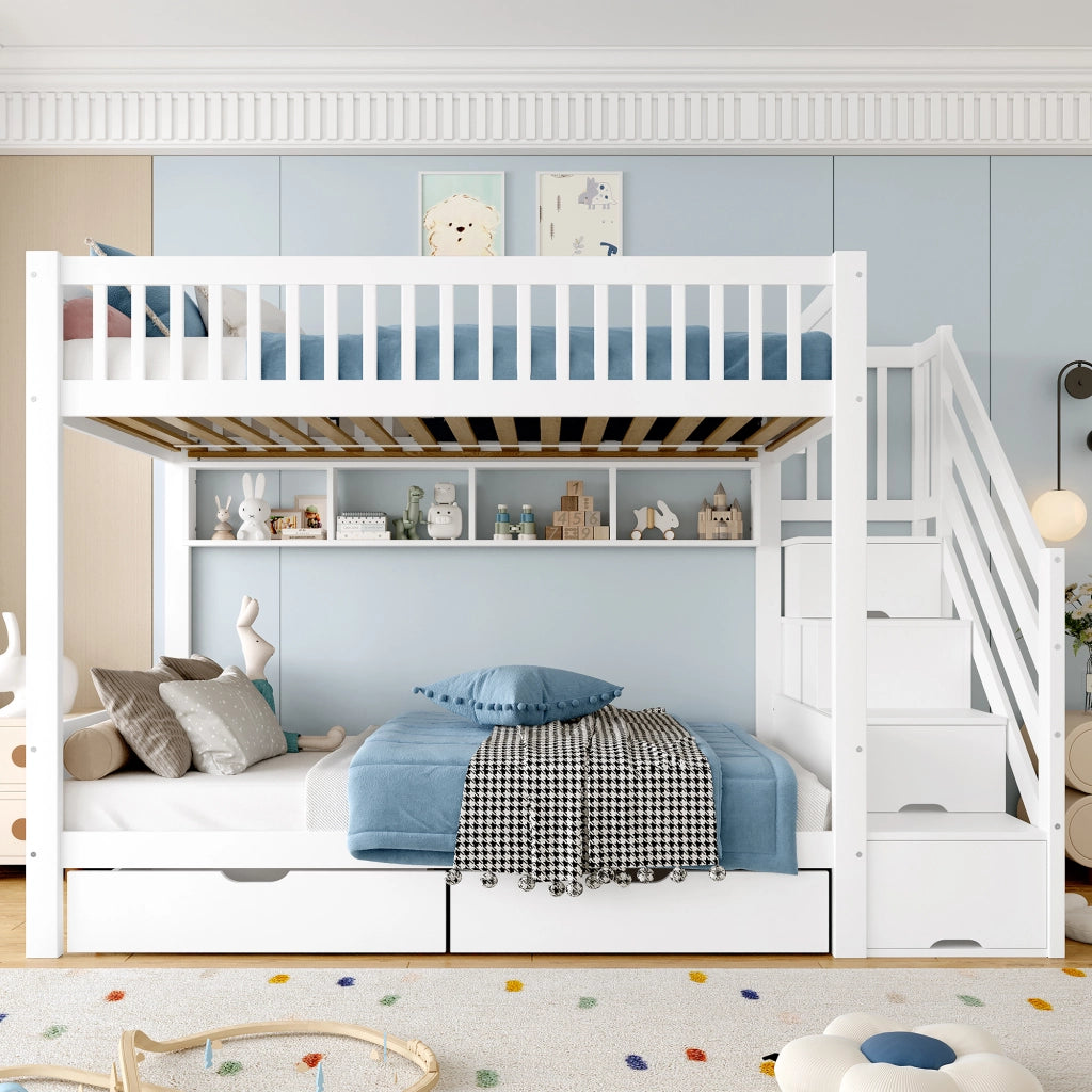 DESMIU Letto a castello 90 × 200 cm 2 posti con scala, armadio, cassetti, ripiani e senza materasso, bianco