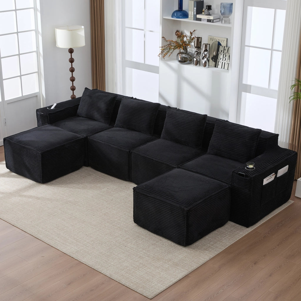 Divano modulare a 4 posti in tessuto a coste con 2 pouf, portabicchieri e tasche laterali, nero 330 × 162 × 75 cm