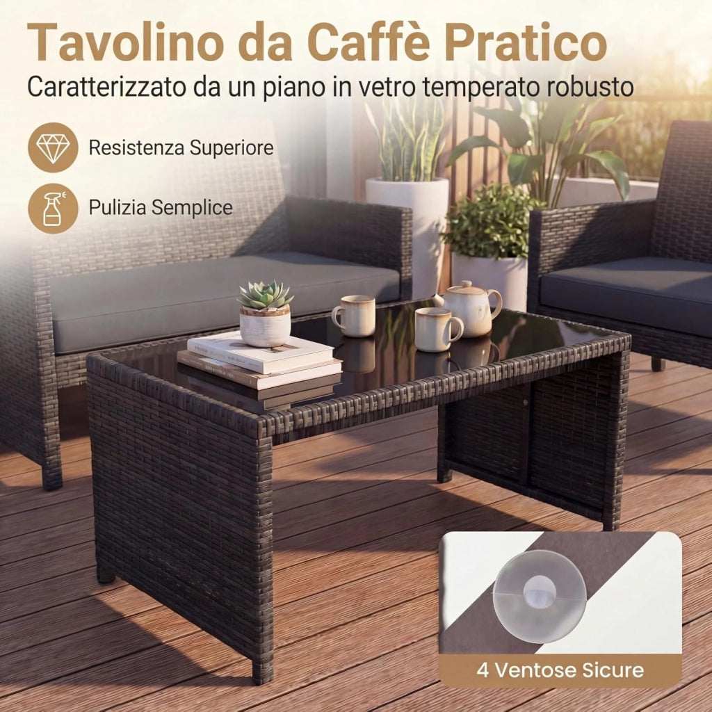 Set Mobili da Giardino in Rattan PE, Divano a 2 Posti e 2 Poltrone con Cuscini Comfort, Tavolino con Piano in Vetro, Arredo da Esterno per 4 Persone per Patio, Balcone, Cortile (Nero+Grigio)