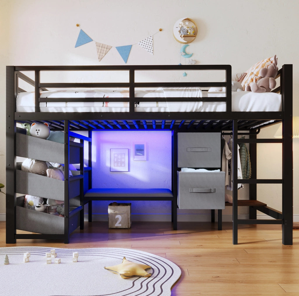 Letto semialto 90x200 cm in metallo nero con LED e contenitori