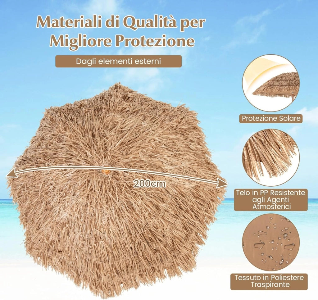 Ombrellone in Paglia PP da 200 cm, Ombrellone da Spiaggia Hawaiano con Inclinazione Regolabile, con Base Pieghevole, Borsa per il Trasporto, per Giardino Piscina