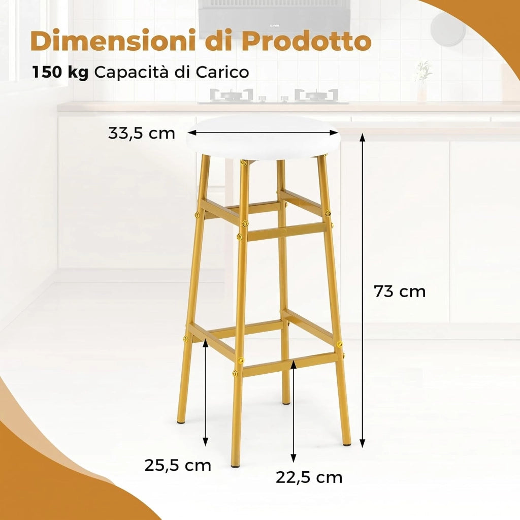 Set di 2 Sgabelli Alti Rotondi da Bar (Bianco) | Sgabelli con Seduta Imbottita, Pioggiapiedi Ergonomico, Portata 150 kg per Cucina e Sala da Pranzo, 33,5 x 33,5 x 73 cm