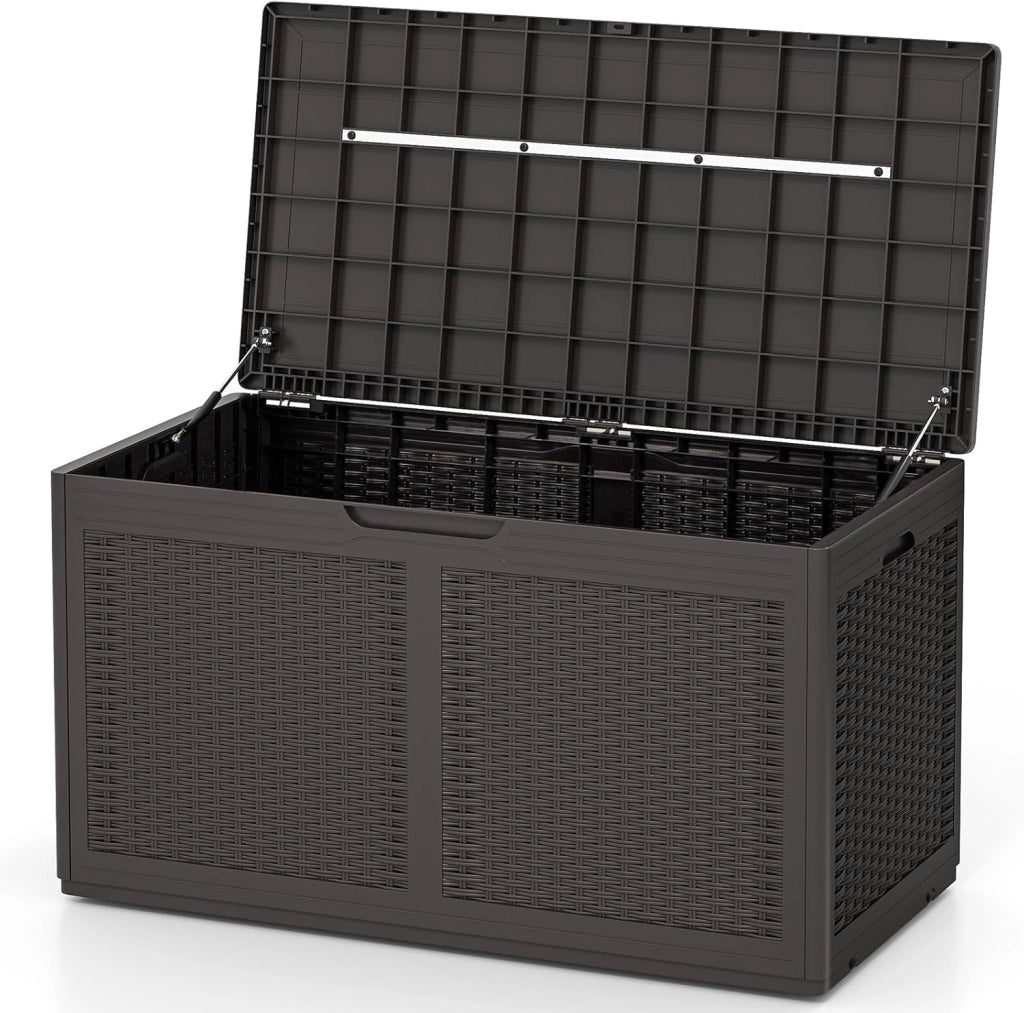 Scatola da giardino da 380 l, impermeabile, con coperchio e 2 ruote, per balcone, terrazza e cortile, 111 x 56 x 61 cm (marrone)