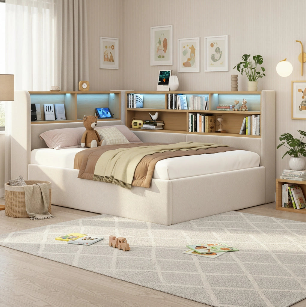Tagesbett 90x200 cm con contenitore idraulico; LED; USB e USB-C; velluto beige
