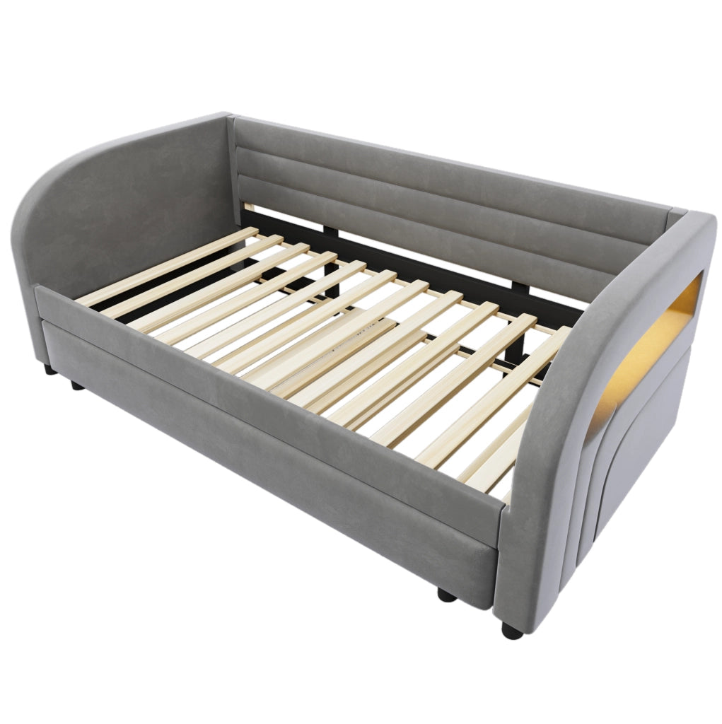 Letto imbottito 90x200 cm con letto estraibile e LED, grigio