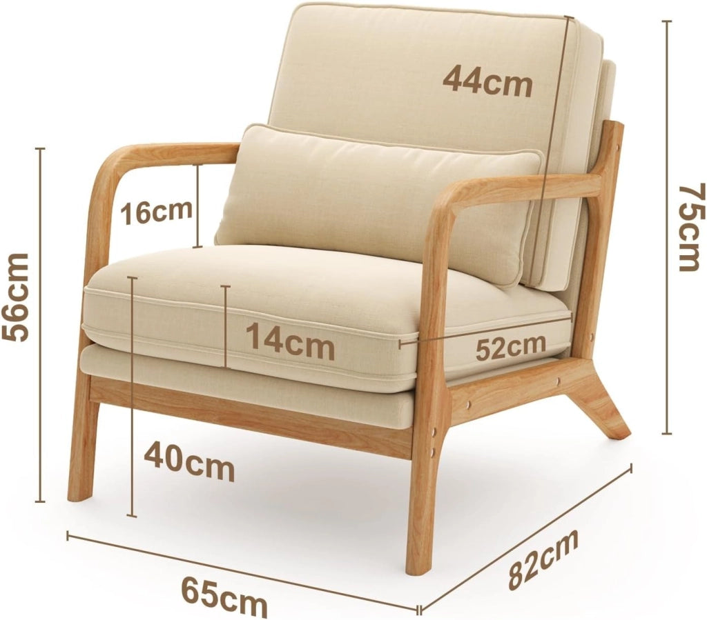 Poltrona da Salotto in Legno di Caucciù,Poltroncina Camera da Letto,con Cuscino Sfoderabile e Schienale con Braccioli con cuscino lombare,82 x 65 x 75CM, Beige