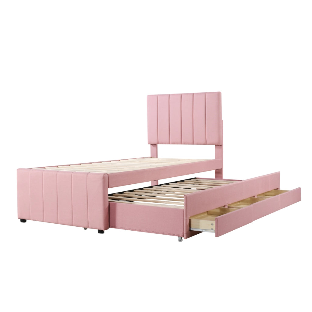Letto imbottito singolo 90×200 cm con letto estraibile e 3 cassetti; rete inclusa; senza materasso; rosa