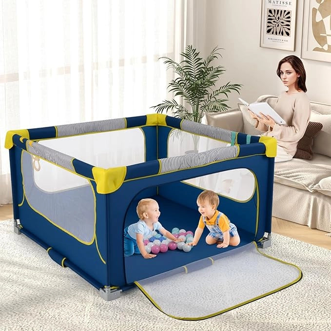 Box per Bambini 127 x 127 cm, Recinto per Bambini Pieghevole in Tessuto Oxford con Rete Traspirante, Box con Giochi che Include 50 Palline, 4 Pezzi Anelli e Borsa (Blu, 127 x 127 cm)