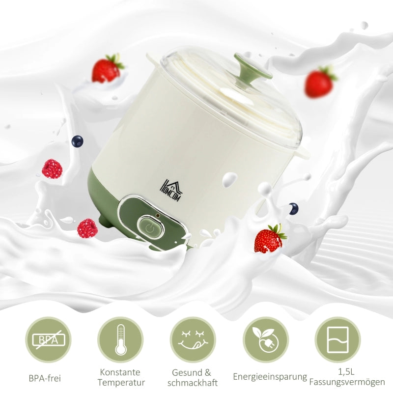 Yogurtiera da 1,5 L, con setaccio e coperchio, 20 W, ideale per yogurt greco, per 3-5 persone, dimensioni 19,5x17,5x21,4 cm, colore bianco.