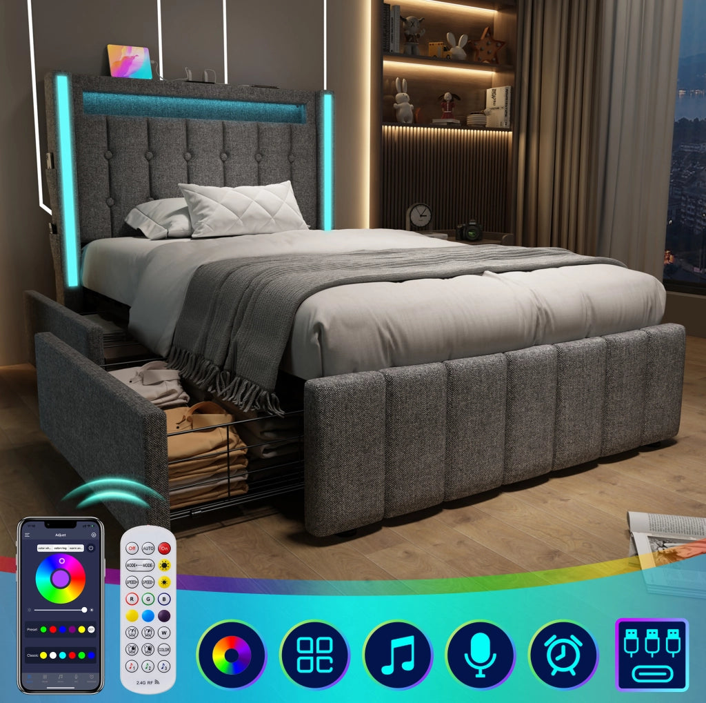 Letto singolo 90x200 cm in tessuto lino con 2 cassetti; USB e LED; grigio