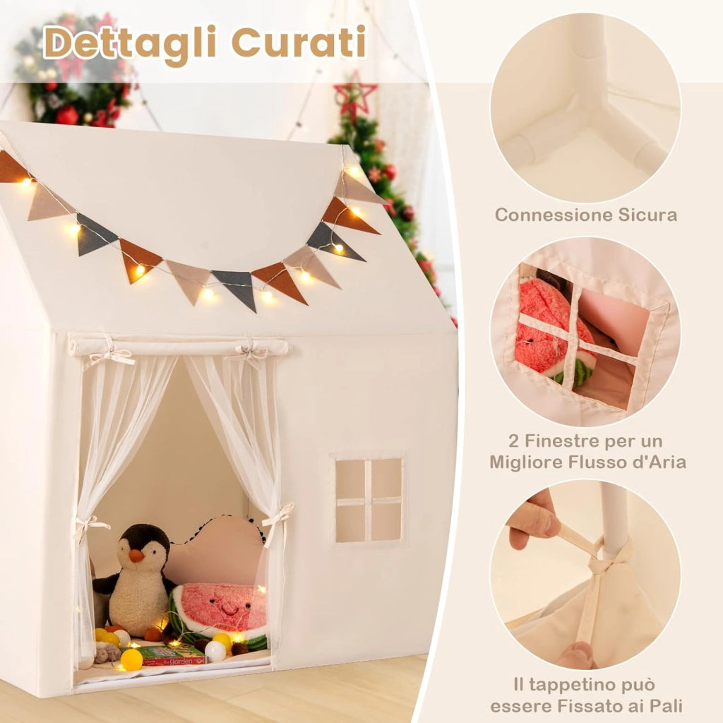 Tenda per Bambini con Luci Fatate e Bandierine, Tenda Casetta da Gioco con Porta e 2 Finestre, Tenda Gioco con Tappetino Imbottito, per Interno ed Esterno, 123 x 107 x 137 cm, Beige