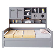 Letto singolo 90×200 cm salvaspazio con vano contenitore idraulico e ripiani; senza materasso; legno; grigio