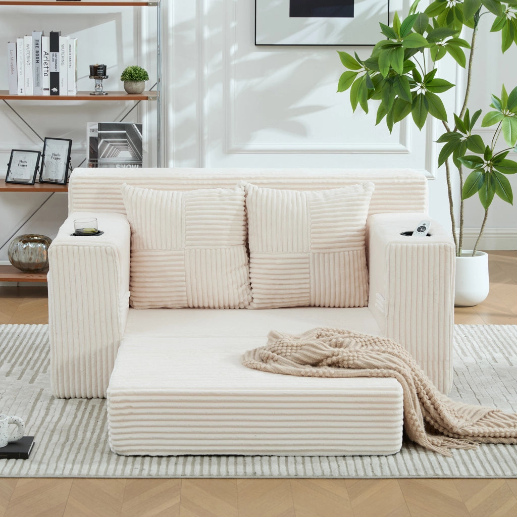 Divano pouf in velluto a coste con 2 cuscini e tasche laterali; 151x133x64 cm; beige