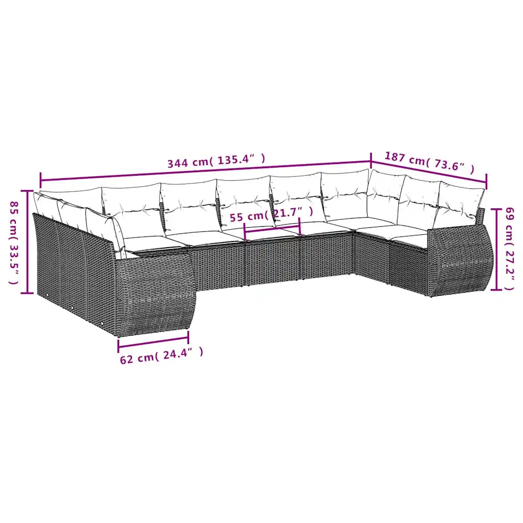 Set Divani da Giardino 11 pz con Cuscini Polyrattan Marrone