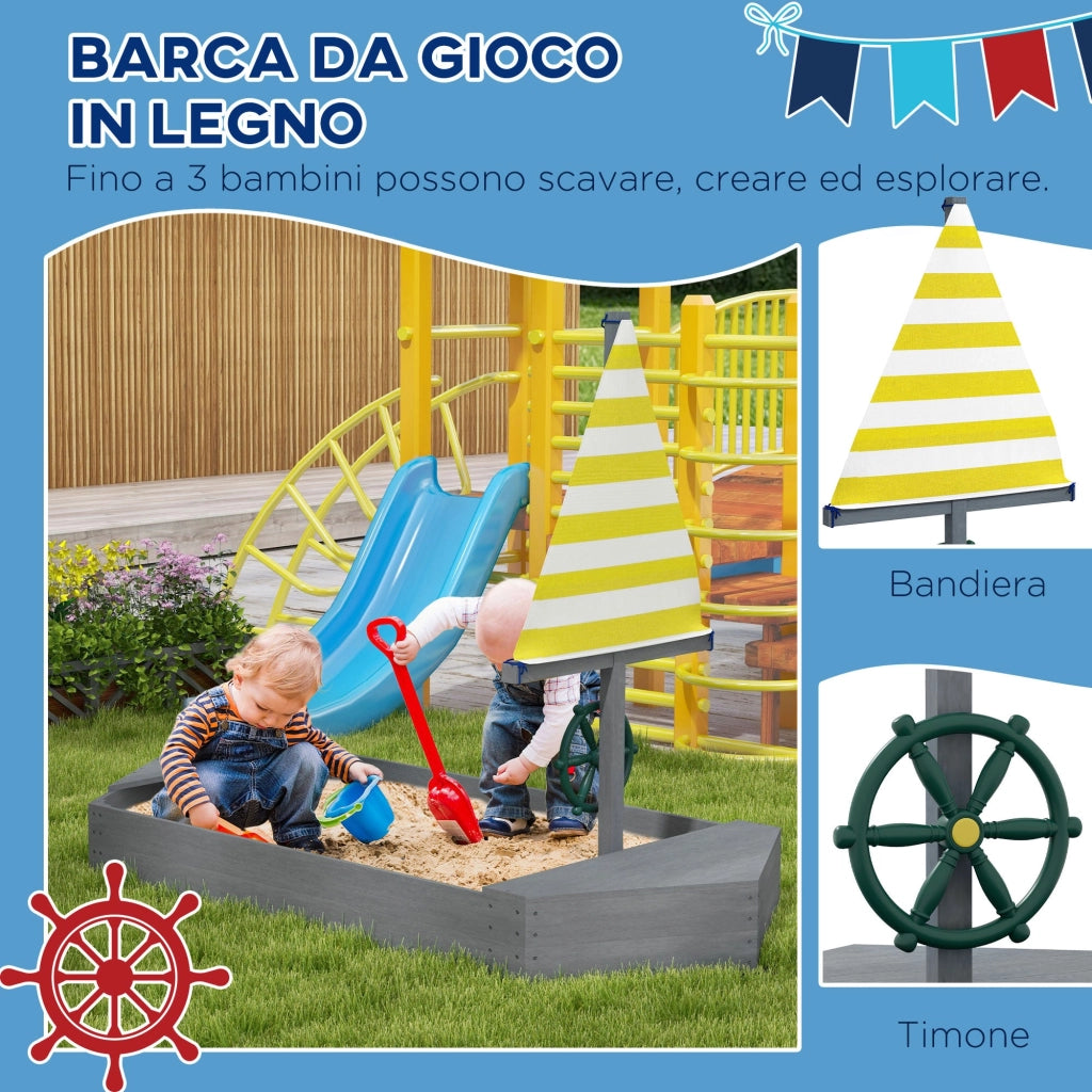 Sabbiera per Bambini 3-8 Anni a forma di Barca 190x90x138 cm in Legno di Abete e Poliestere