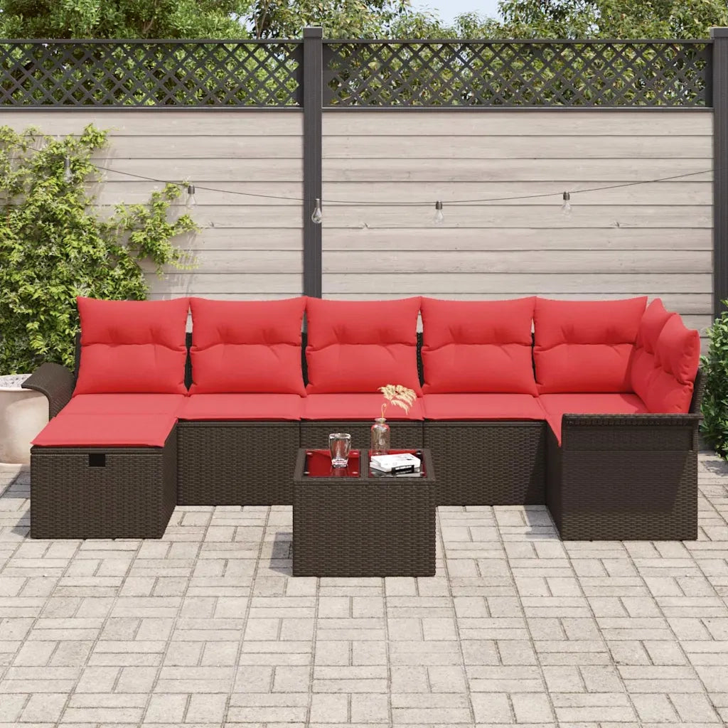 Set Divano da Giardino 8 pcs Marrone e Rosso polyrattan