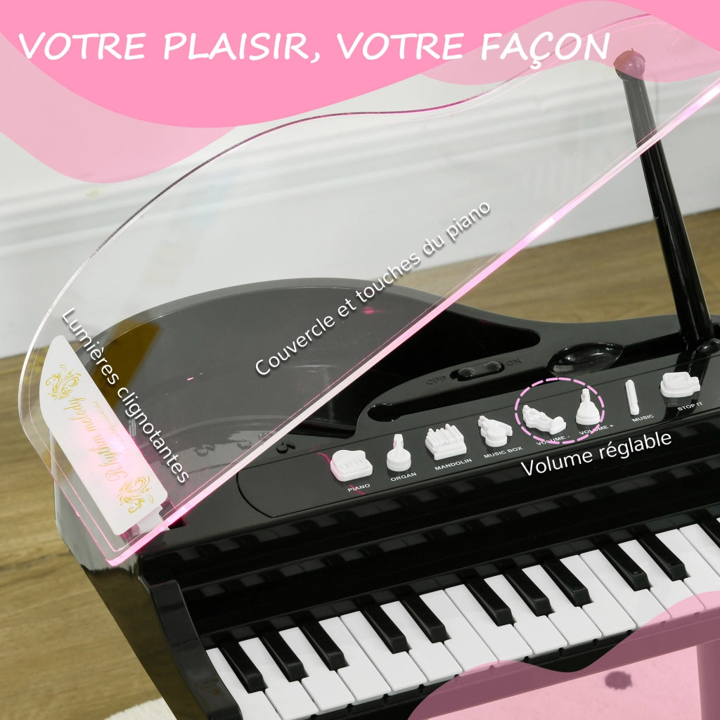 Pianoforte elettronico per bambini a coda 32 tasti con microfono sgabello e luci LED multifunzionale nero