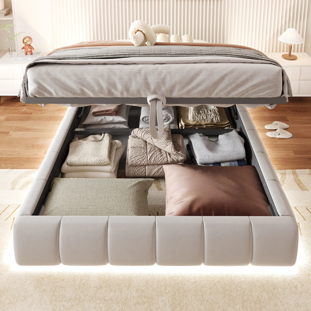 Letto imbottito 140 x 200 cm con struttura idraulica, luce LED bianca, contenitore salvaspazio, senza testiera, beige
