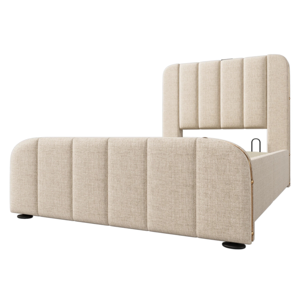 Letto singolo imbottito 90x200 cm beige con contenitore idraulico