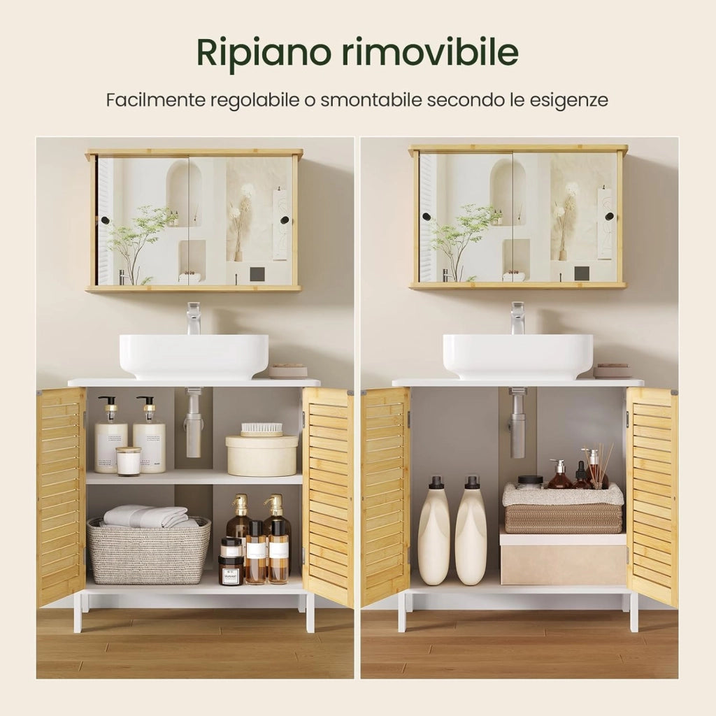 Mobile Sottolavello per Bagno, Mobiletto per Lavabo, Armadio a Pavimento con Ante e Ripiano Regolabile, Colore Bambù Naturale+Bianco, 60x30x60cm