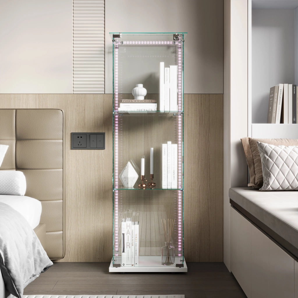Vetrina espositiva in vetro temperato base bianca con luci LED RGB e serratura, 39,8x35x123,3cm, ripiani regolabili per collezioni e modellini