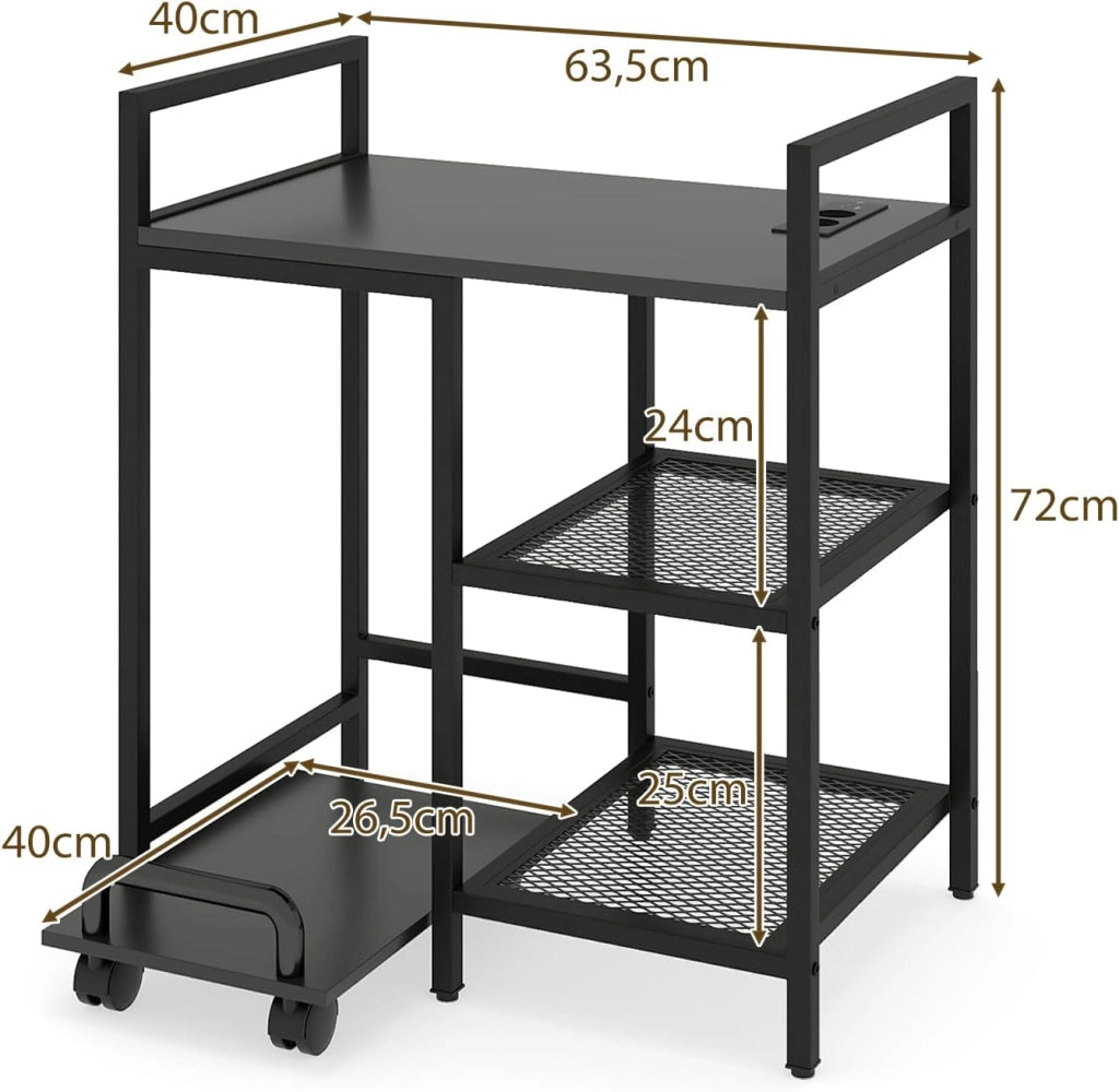Tavolo per stampante con prese, tavolino ausiliario a 3 livelli con ripiano mobile con ruote, 63,5 x 40 x 72 cm, supporto per stampante per ufficio, camera da letto, soggiorno (nero)