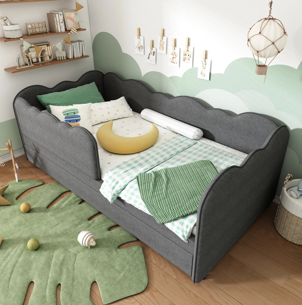 Letto daybed estraibile 90x190 cm in lino grigio; con rete a doghe e struttura L