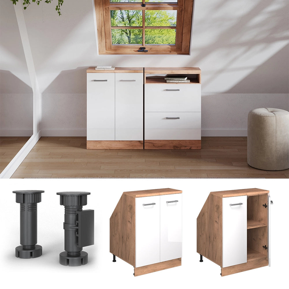 Mobile sottotetto Rion Bianco lucido/Rovere dorato 60 x 83.8 cm con 2 porte, carcassa 60 cm profondità Vicco