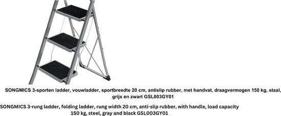 Ladder 3 in 1 - scala a tre vie - larghezza di gioco 20 cm - gomma antiscivolo - con maniglia - capacità di carico 150 kg - acciaio - grigio e nero