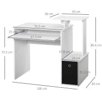 Scrivania Moderna con Mensola per Tastiera e Cassetto in Tessuto, 100x40x86.6cm, Bianco e Nero