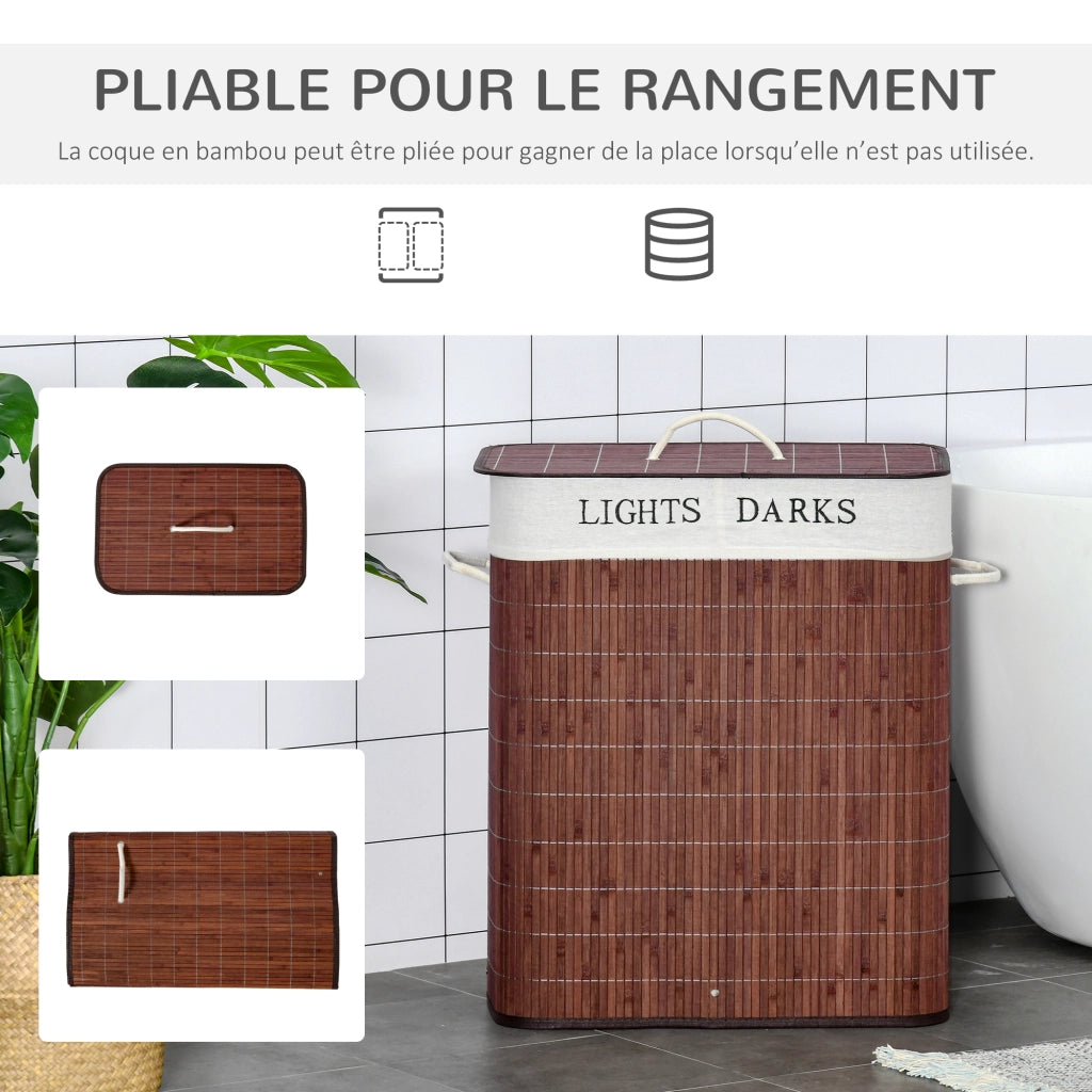 Cestino per il bucato 100L con 2 bachi in bamb¨´ pieghevole ¨C zephmum ¨C marrone 50x40x60