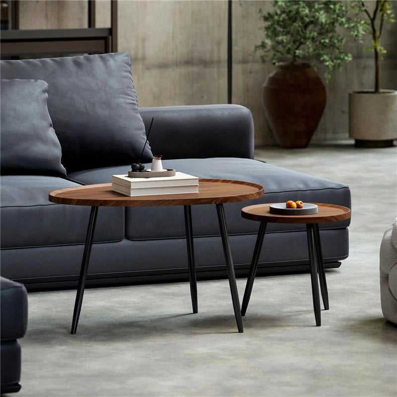 SET 2 TAVOLINI DA SALOTTO SOVRAPPONIBILI IN LEGNO E METALLO, COLORE LEGNO SCURO