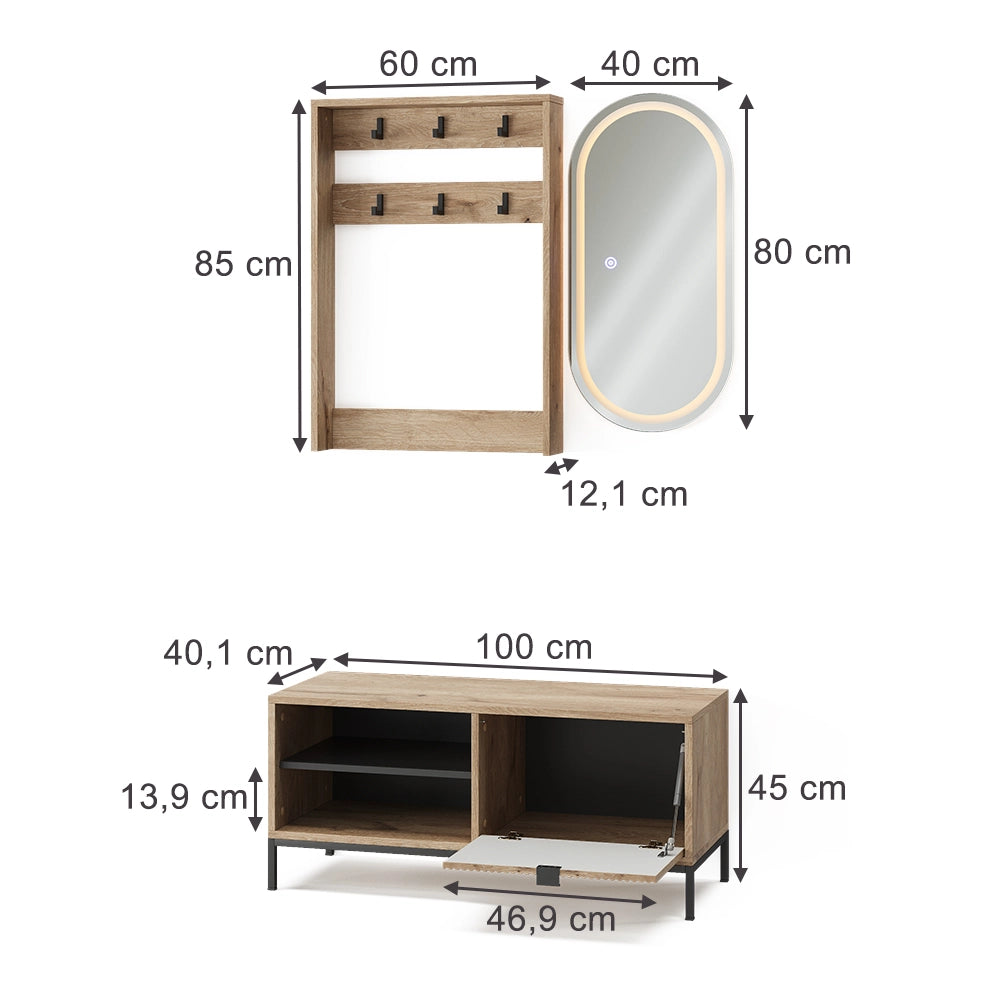 Armadio da ingresso Eliza Quercia vichinga 100 x 45 cm Set, 3 parti Vicco