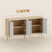 Credenza Moderna 141x35x77 cm a 4 Ante con Ripiano Regolabile Bianco Lucido e Rovere