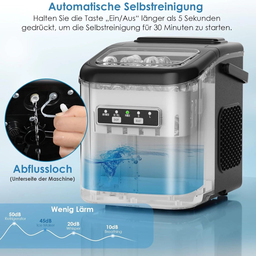Macchina Ghiaccio, 12 kg/24h, 9 Cubetti di Ghiaccio in 6 Minuti, 2 Dimensioni di Ghiaccio, Silenzioso, Macchina del Ghiaccio Casa Autopulente con Maniglia/Cestello/Paletta, per Cucina/Ufficio/Bar