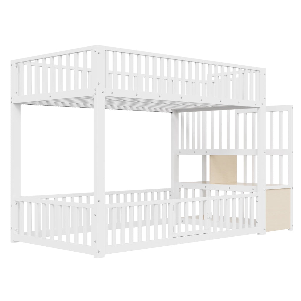 Letto a castello con LED - Zephmum-90x200-Bianco-Scaffale integrato