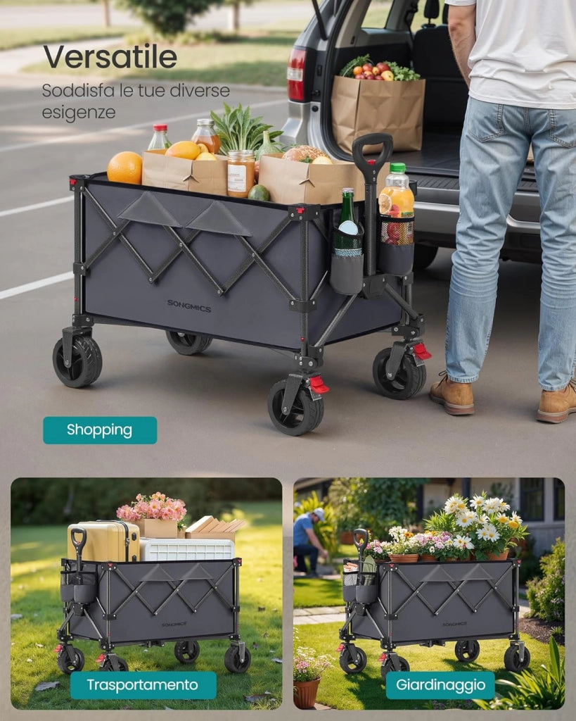 SONGMICS Carrello da Campeggio Pieghevole, Carretto, 150 L, Portante 150 kg, Carrello da Giardino, con Manico, 4 Ruote Rimovibili, Salvaspazio, per Esterni, Giardino, Grigio Ardesia GFW115G01