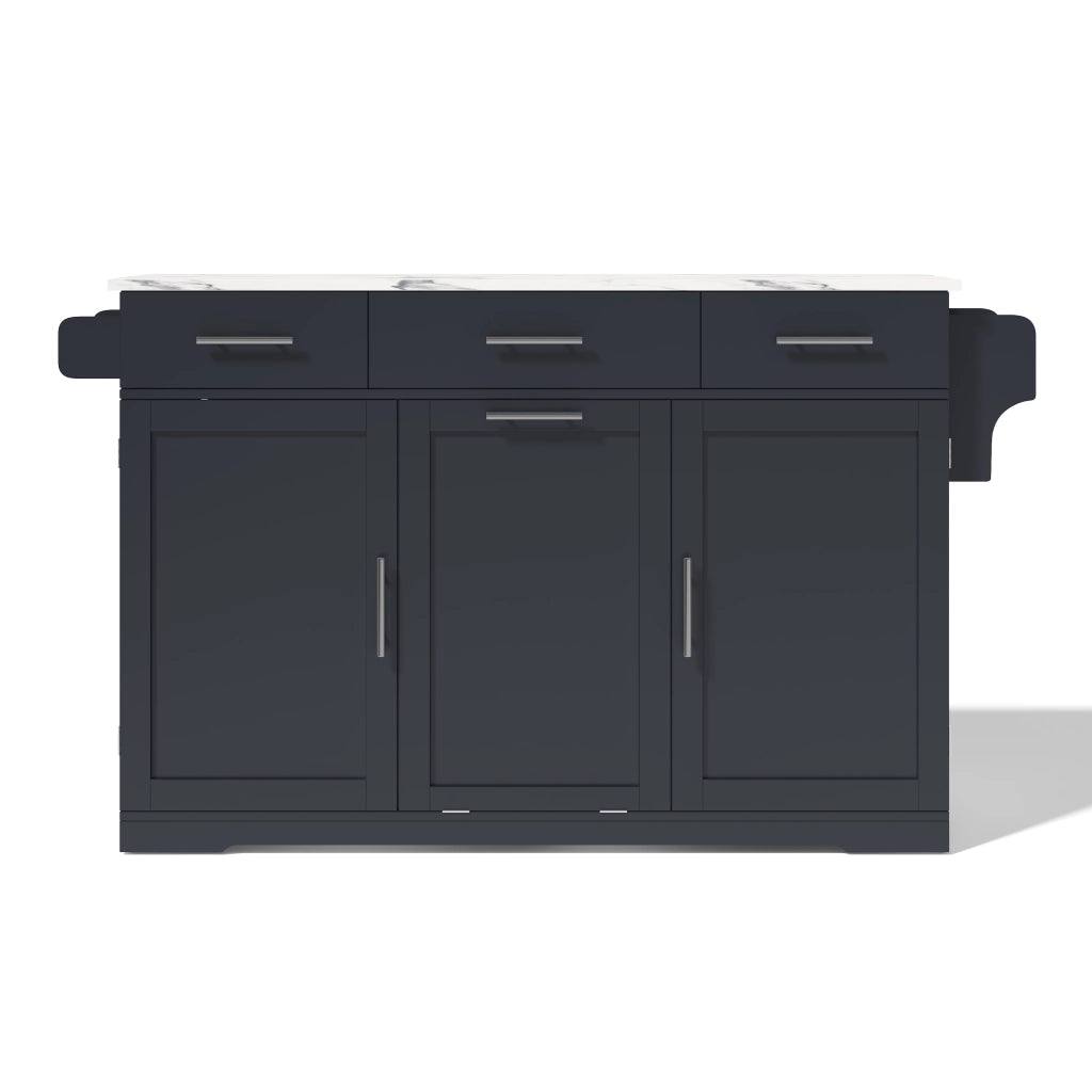 Isola cucina mobile in MDF grigio con piano ribaltabile; 3 cassetti e ruote bloccabili
