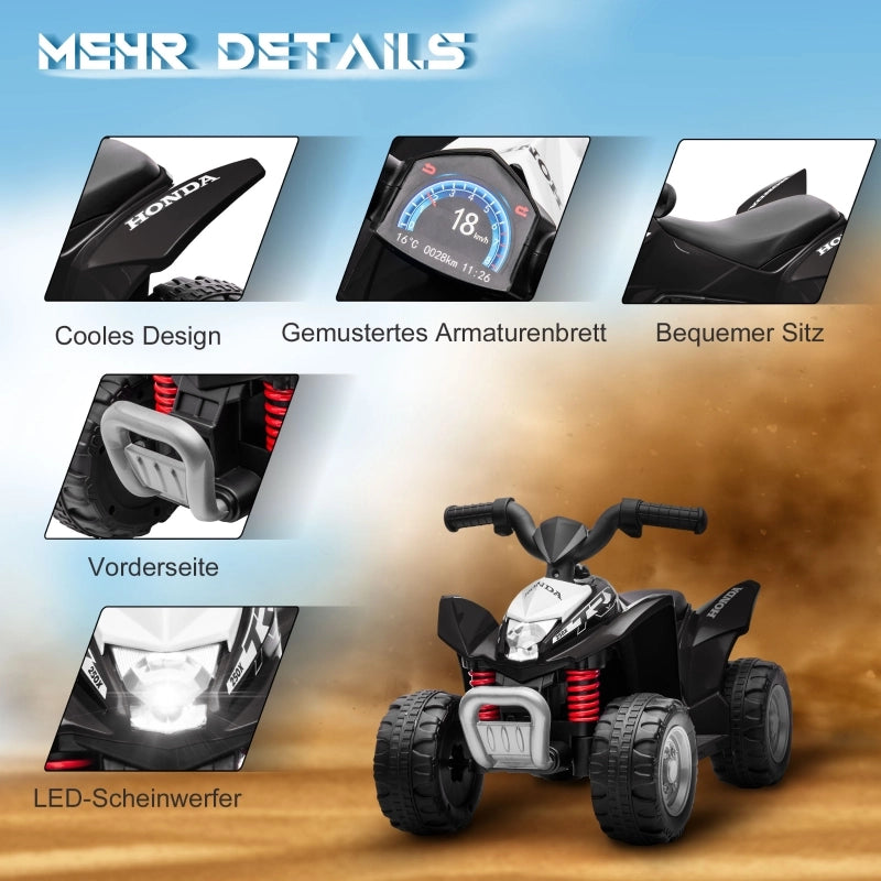 Quad elettrico per bambini, velocit¨¤ massima 2,8 km/h, fari a LED, per bambini da 1,5 a 3 anni, colore nero, dimensioni: 65,5 x 38,5 x 43,5 cm.