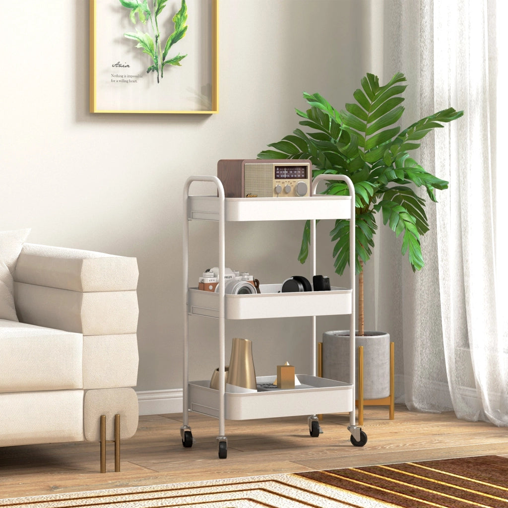 Carrello da Cucina a 3 Livelli con Maniglie e 4 Rotelle, in Acciaio, 45x30.6x79 cm, Bianco