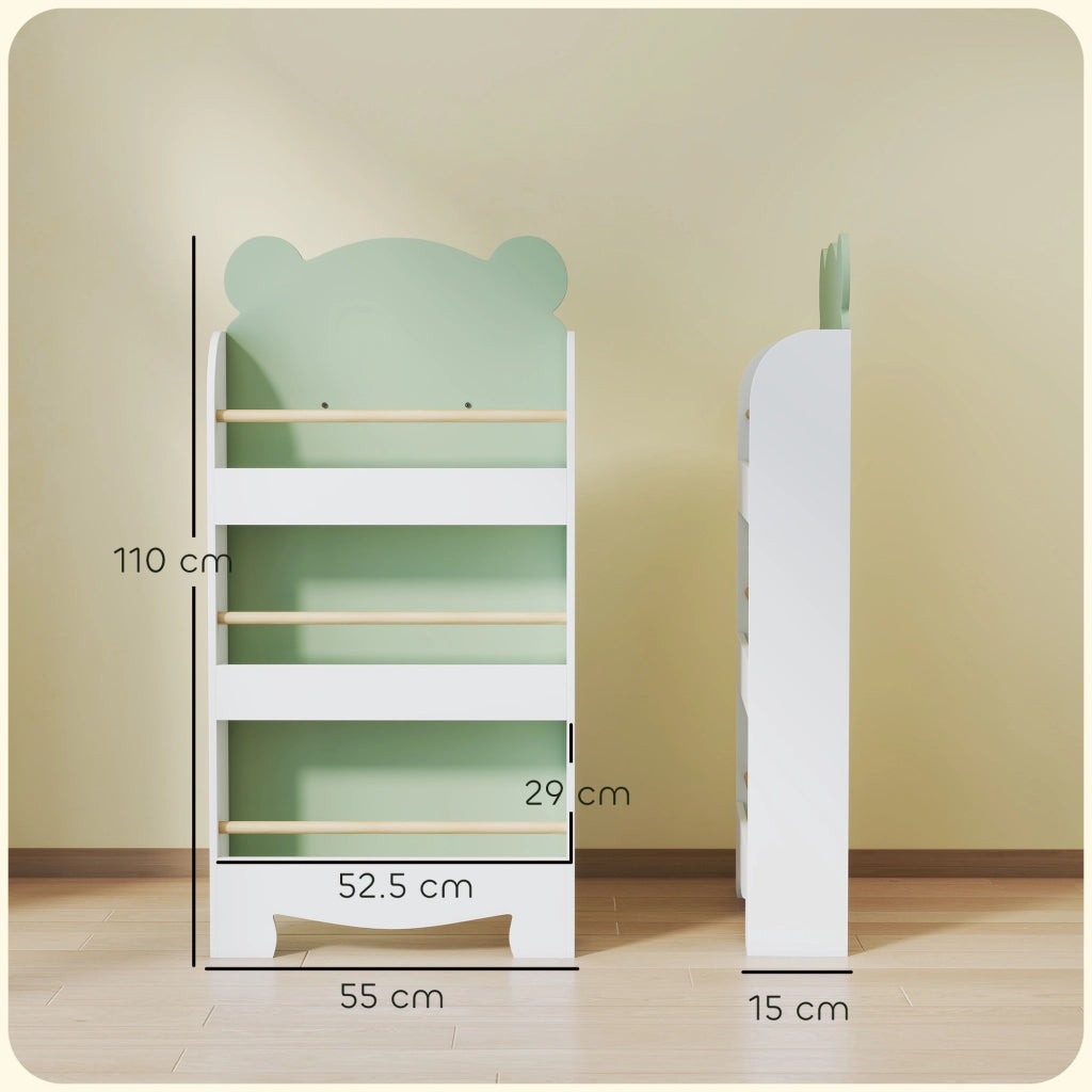 Libreria per Bambini con 3 Ripiani a Forma di Orsetto con Barriere Frontali, 55x15x110 cm, Verde