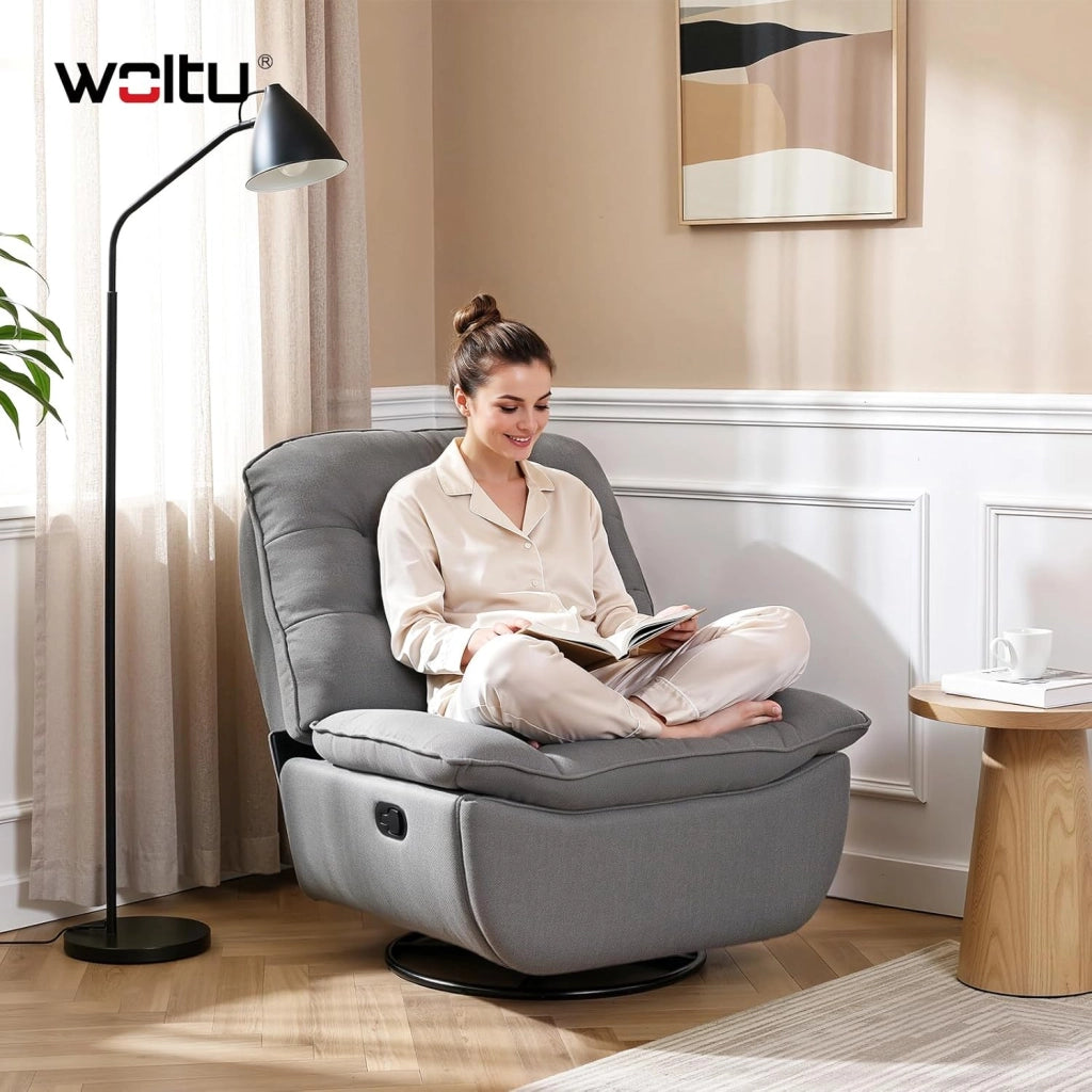 Poltrona Relax Reclinabile Manuale, Girevole e Dondolante, Poltrona con Poggiapiedi Pieghevole e Scomparto Laterale, Tessuto Effetto Lino, per Soggiorno, Grigio Scuro