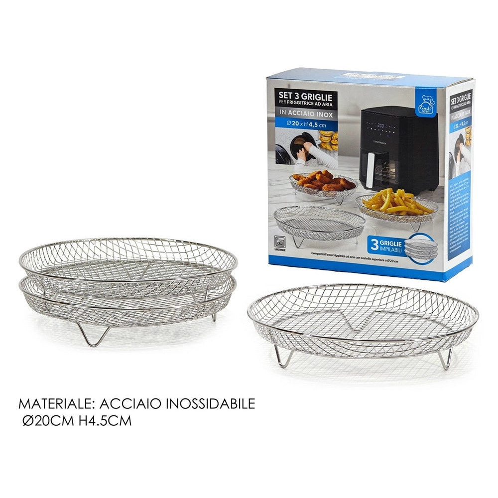 Trade Shop - Set Da 3 Griglie In Acciaio Inox Per Friggitrice Ad Aria H4,5 Cm X ø20 Cm Impilabili -
