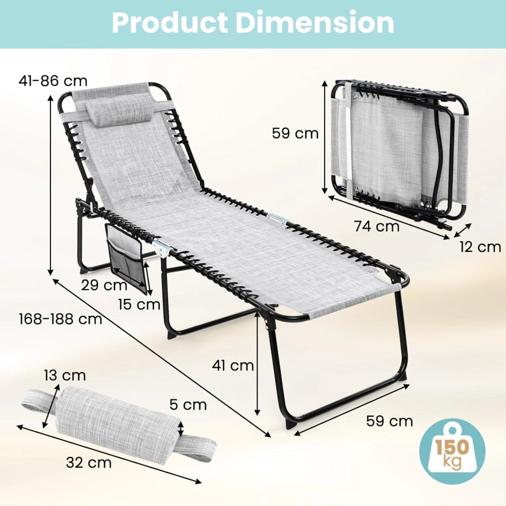 Lettino Prendisole da Giardino Pieghevole, Struttura in Acciaio, Sdraio Mare Regolabile in 4 Livelli con Poggiatesta, Tasca Laterale, Lettino da Spiaggia, Piscina, Portato 150 kg (1, Grigio)