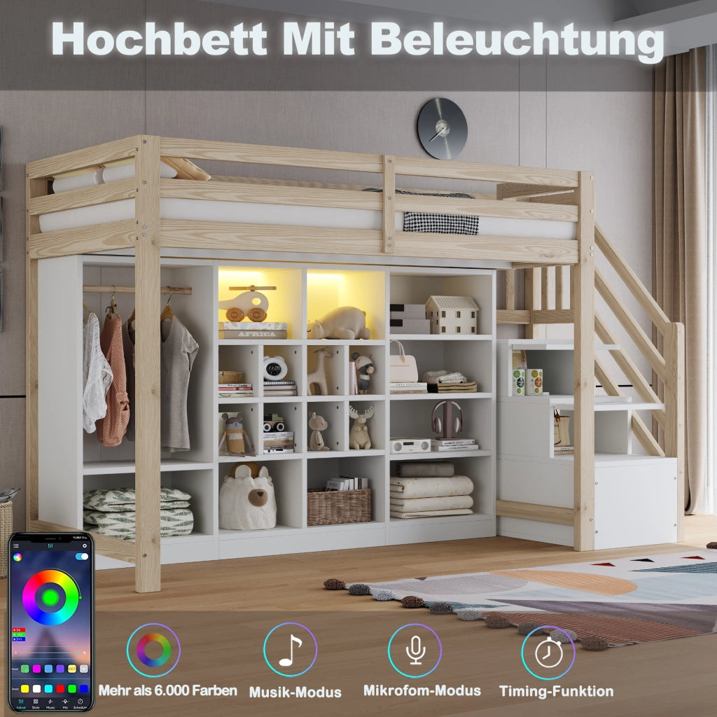 DESMIU Letto a soppalco 1 posto con vani, armadio e LED regolabile, 90 × 200 cm, senza materasso, legno bianco